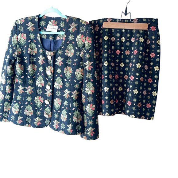 Victor Costa Vintage Womens Skirt Suit Size 10 Multicolor Brocade Star Print - Picture 12 of 16